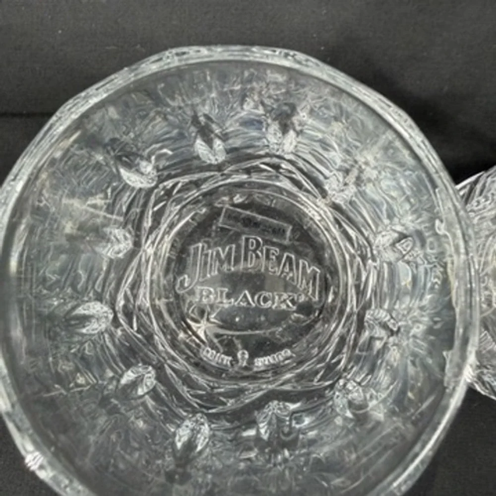 Jim Beam Black Whiskey Rocks Glasses Set of 2 Diamond Cut Clear Glass Lowball